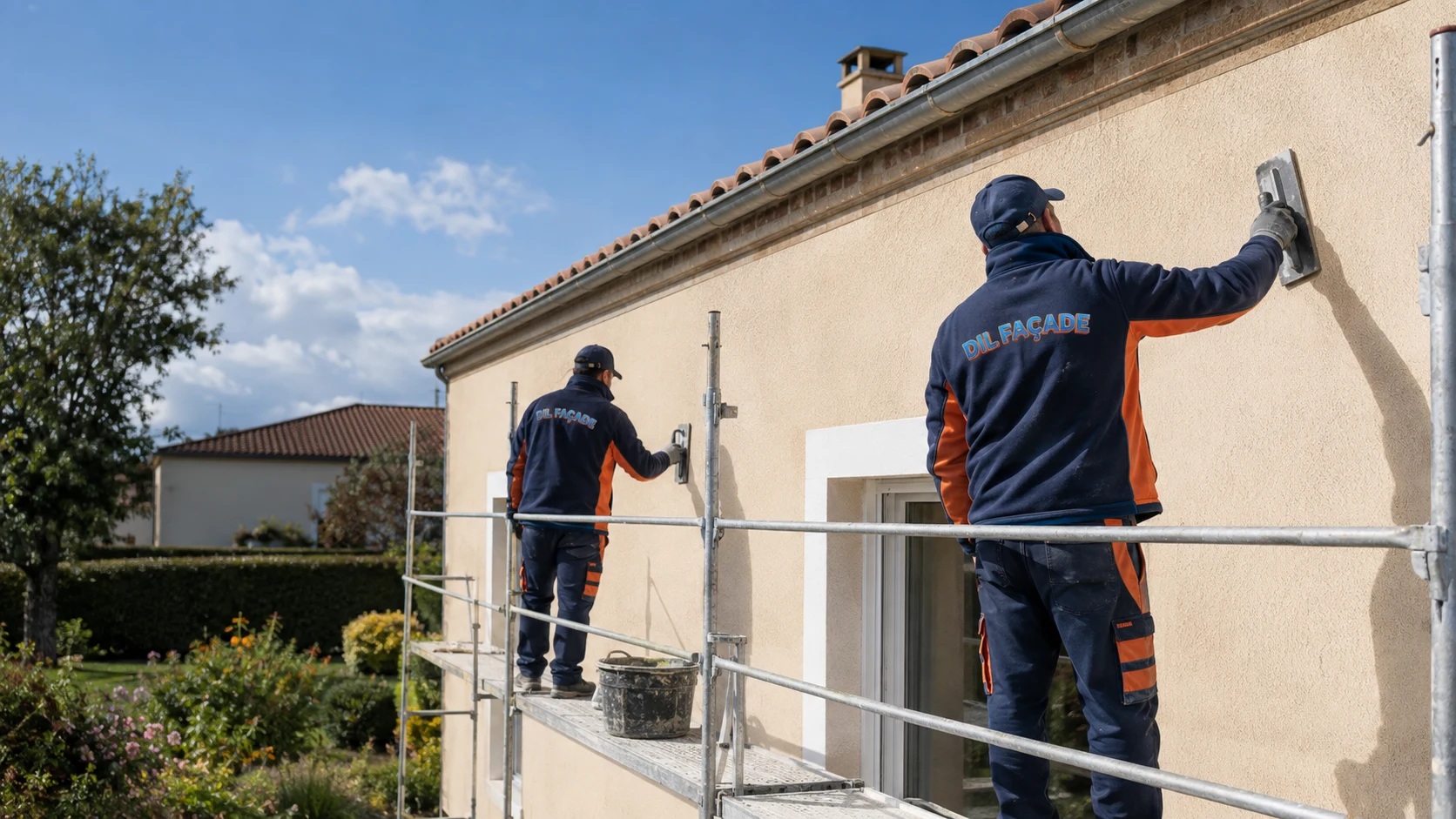Travaux d’enduit de façade par une équipe aux couleurs de DIL FAÇADE