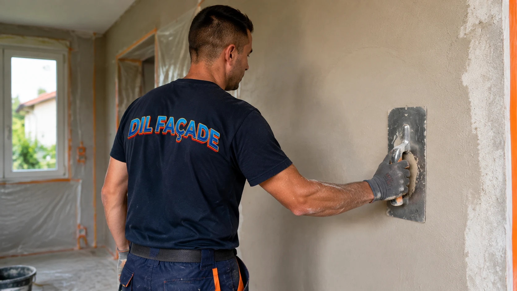 Artisan DIL FAÇADE réalisant un enduit sur un mur intérieur